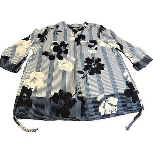 Cocomo Woman Blue White Striped Blouse 2X Roll Tab Sleeves Shirt Top Popover